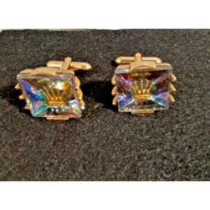 Vintage SWANK Blue Purple Hue Rhinestone with Gold Crown Face Cufflinks